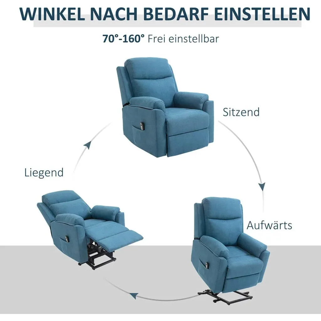 Electric recliner chair with stand-up aid for seniors, recliner chair, TV chair, reclining function, linen-touch blue