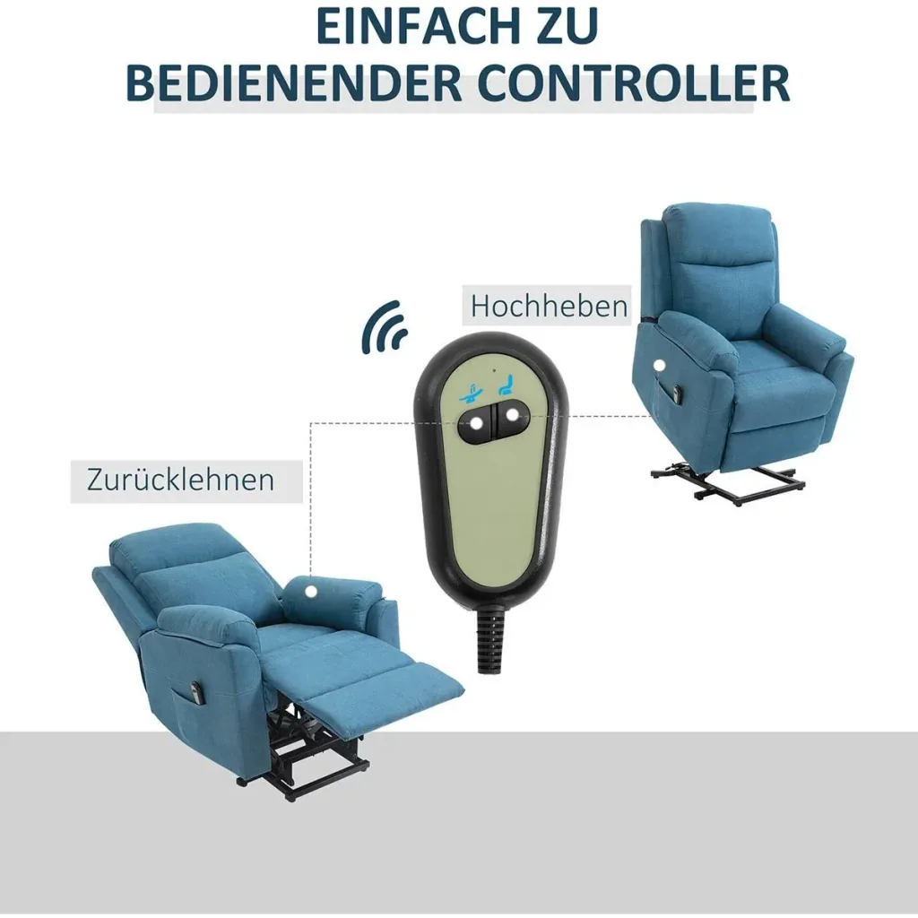 Electric recliner chair with stand-up aid for seniors, recliner chair, TV chair, reclining function, linen-touch blue