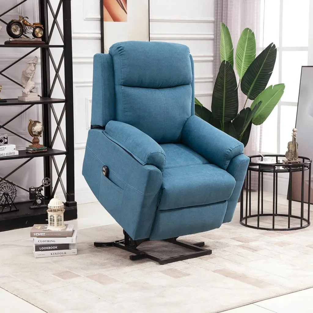 Electric recliner chair with stand-up aid for seniors, recliner chair, TV chair, reclining function, linen-touch blue