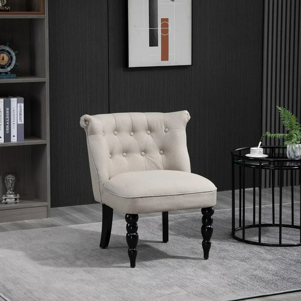 Relaxing chair vintage recliner upholstered chair dining room chair linen cover wooden frame beige+black 67 x 67 x 7