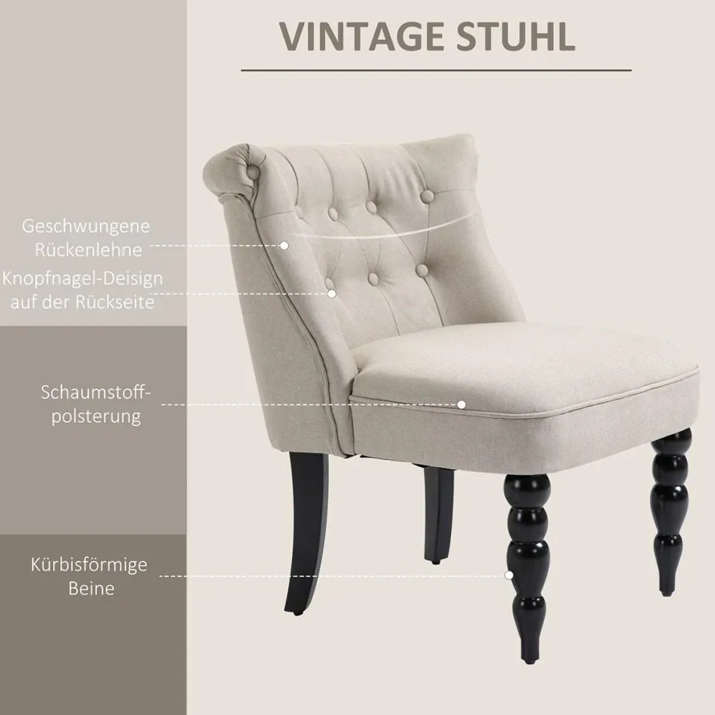 Relaxing chair vintage recliner upholstered chair dining room chair linen cover wooden frame beige+black 67 x 67 x 7