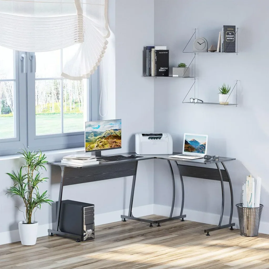 L-shaped computer desk, corner desk, work table, minimalist chipboard, metal, space-saving gaming PC workstation
