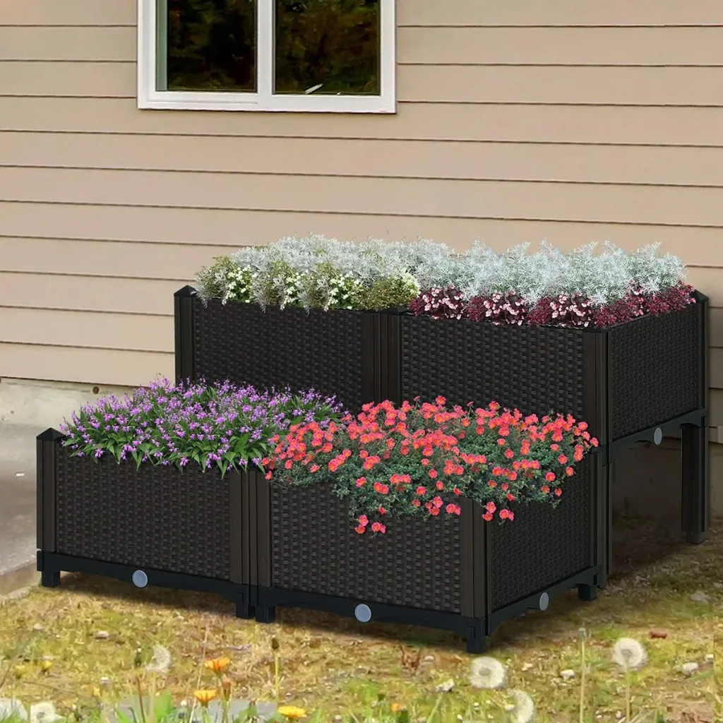 4-piece raised bed in rattan look, dark brown