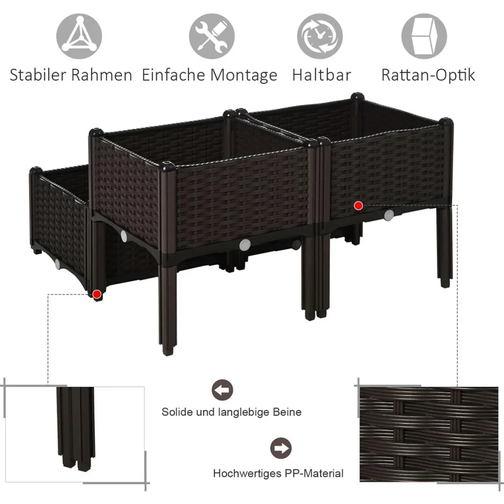 4-piece raised bed in rattan look, dark brown