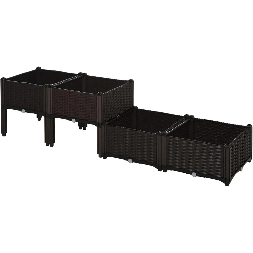 4-piece raised bed in rattan look, dark brown