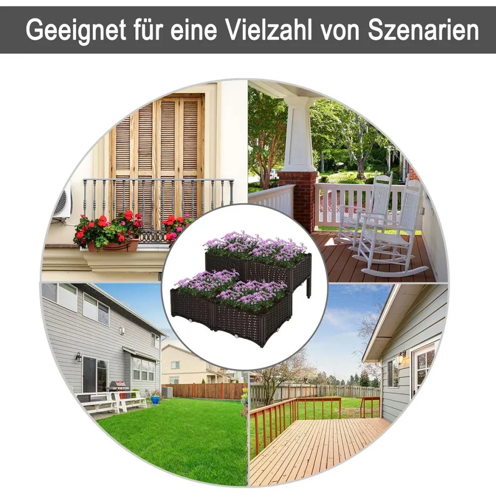 4-piece raised bed in rattan look, dark brown