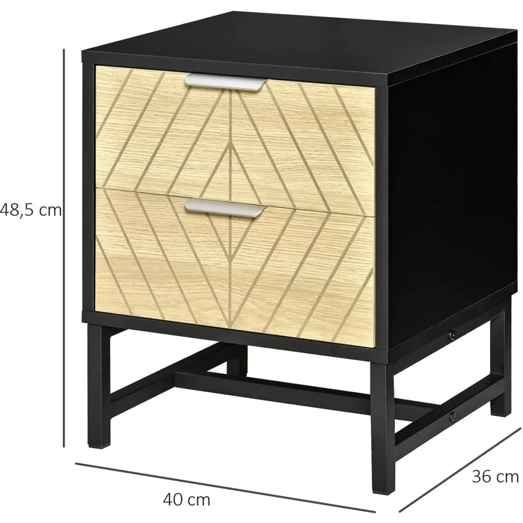 Bedside table with 2 drawers, side table, nightstand, sofa table, black + natural, 40 x 36 x 48.5 cm