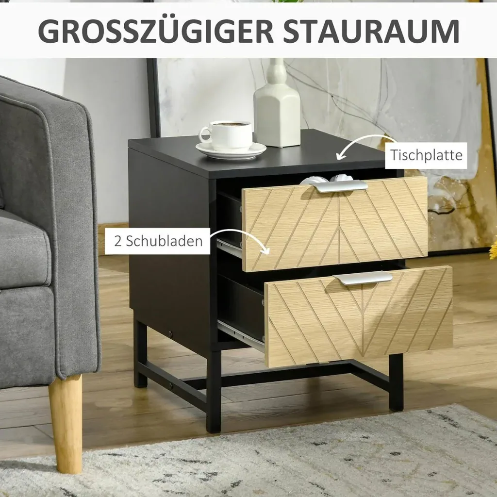 Bedside table with 2 drawers, side table, nightstand, sofa table, black + natural, 40 x 36 x 48.5 cm