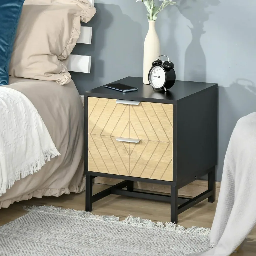 Bedside table with 2 drawers, side table, nightstand, sofa table, black + natural, 40 x 36 x 48.5 cm