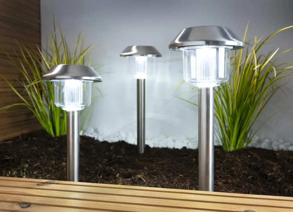 Solar stainless steel lights with ground spike, set of 3