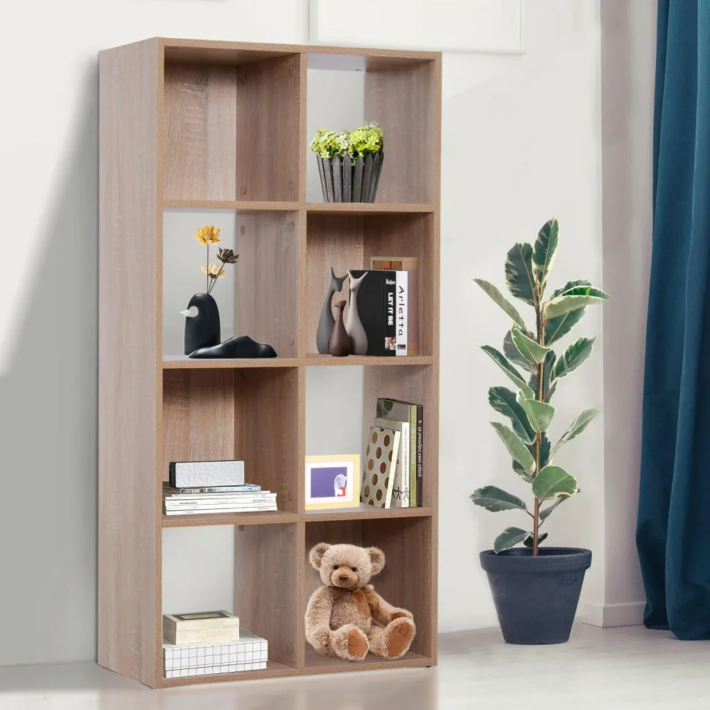 8 compartments bookcase wall shelf standing shelf room divider wood natural 61.5 x 29.5 x 122.5 cm