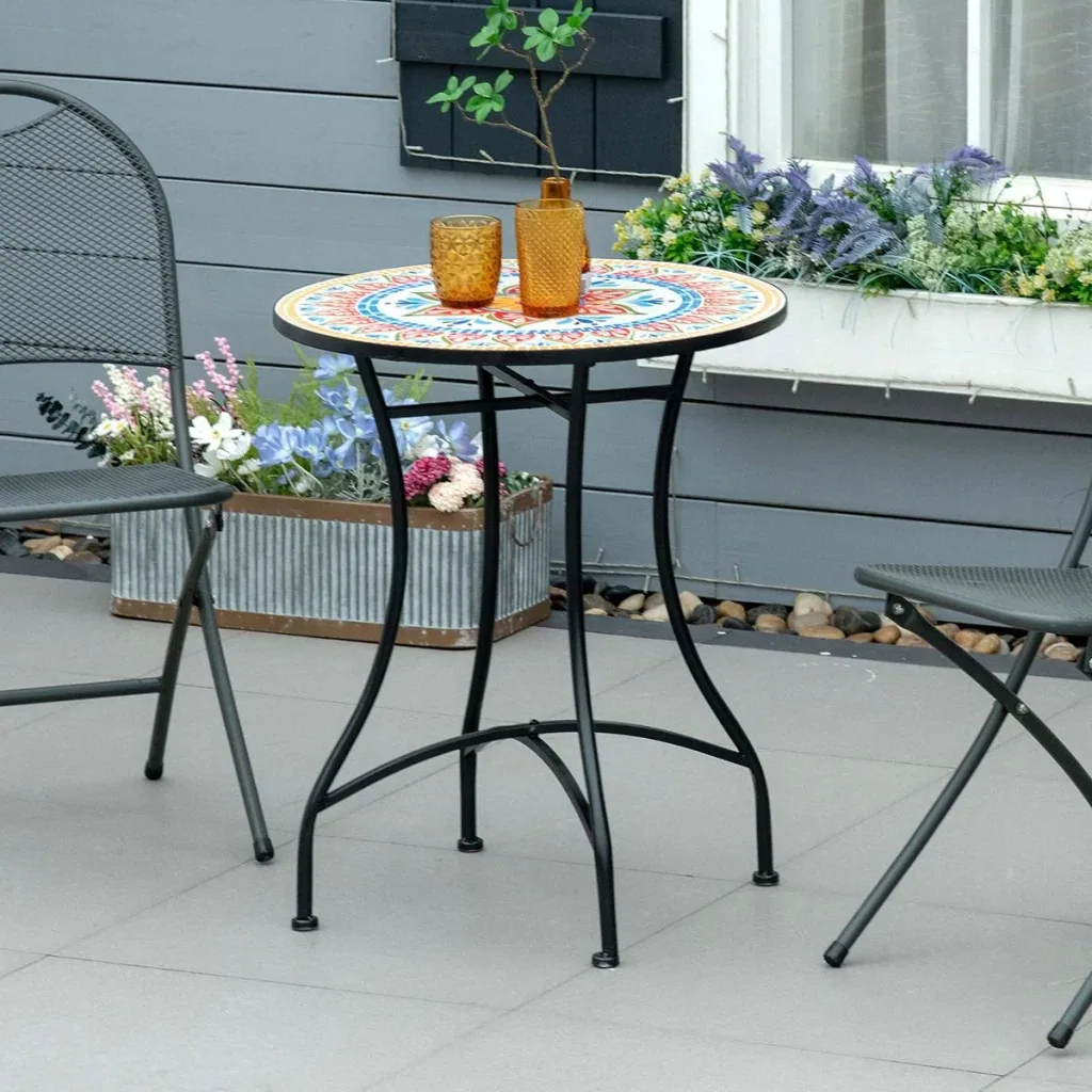 Garden Mosaic Round Bistro Table Ceramic Metal Red+Blue+White Ø60 cm