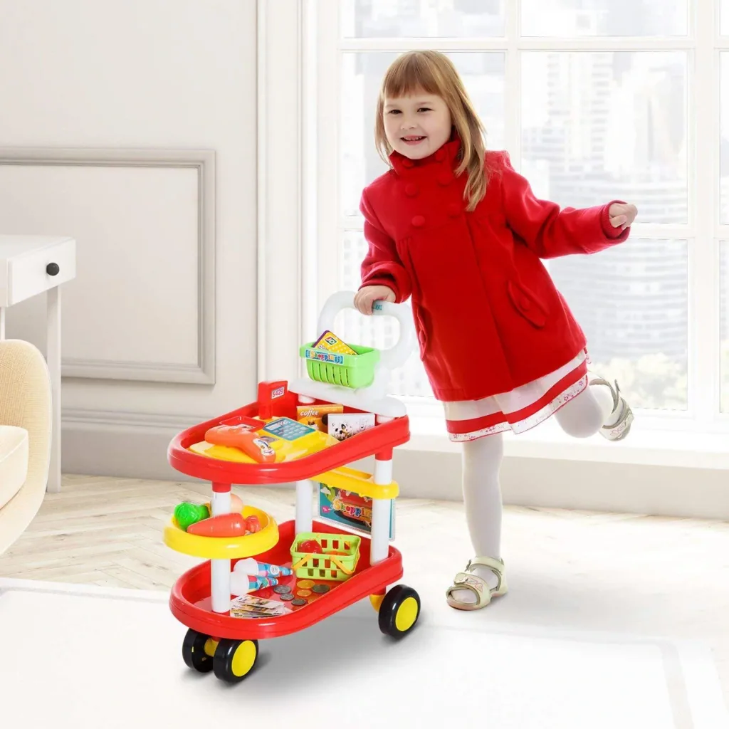 Kids Supermarket Shopping Cart Cashier Trolley Role Play Toy Red