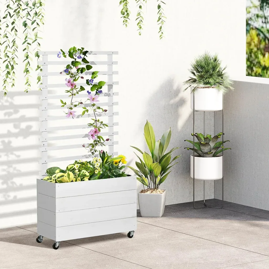 Flower box with wheels - Climbing wall - White - 76 x 30 x 155 cm