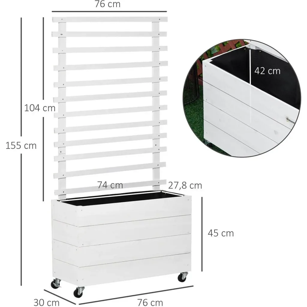 Flower box with wheels - Climbing wall - White - 76 x 30 x 155 cm