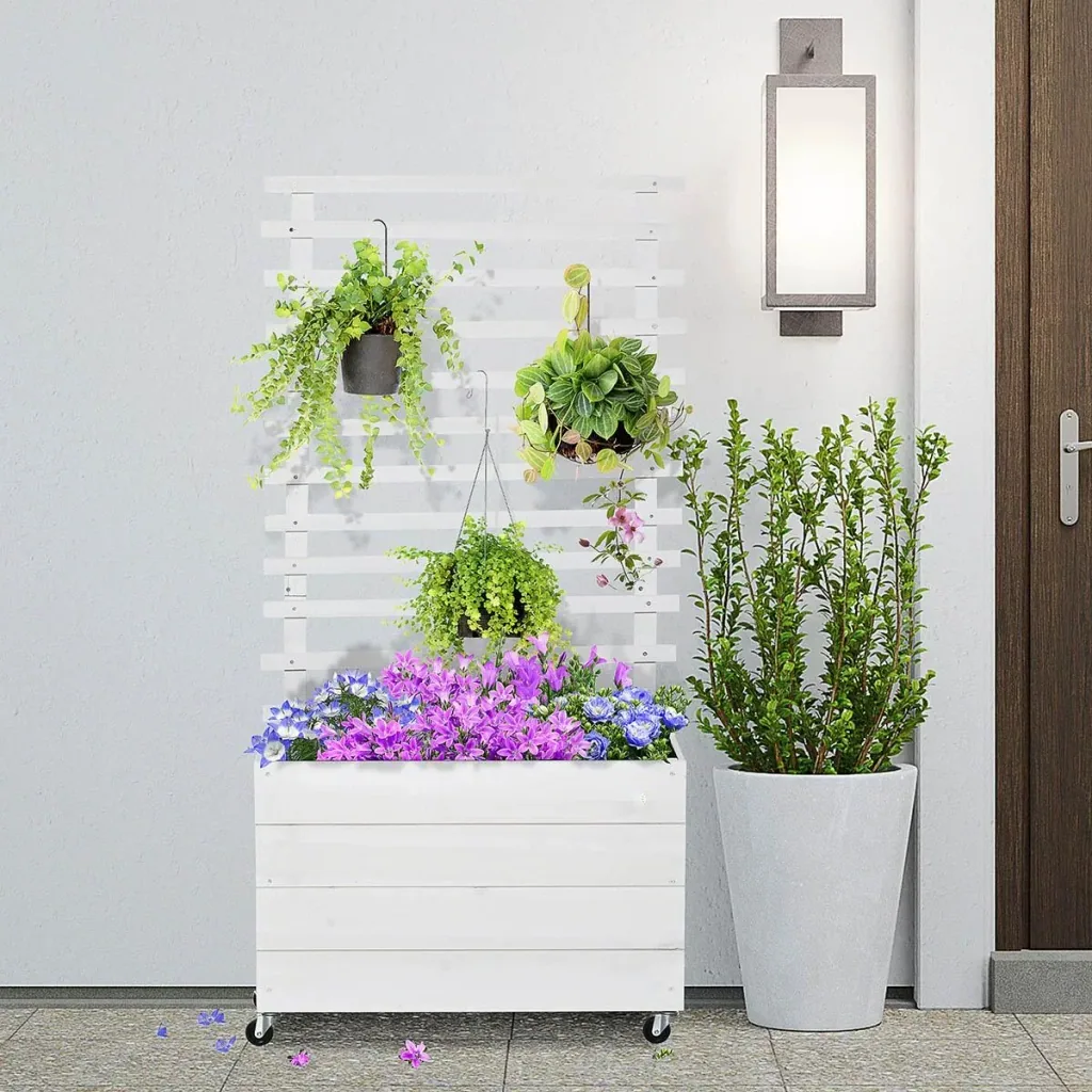 Flower box with wheels - Climbing wall - White - 76 x 30 x 155 cm