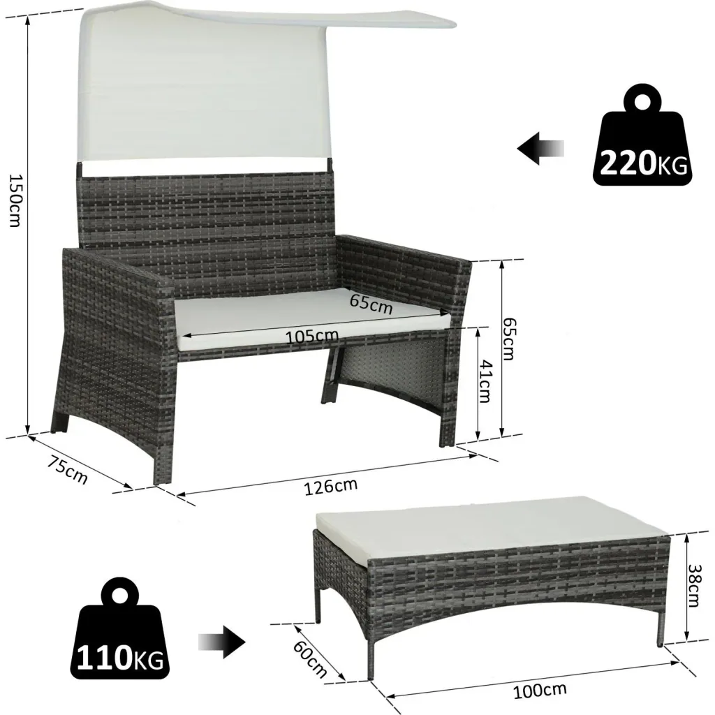 2-piece garden sofa garden furniture lounge rattan furniture polyrattan + metal 2-seater sofa 1 x stool with sunroof