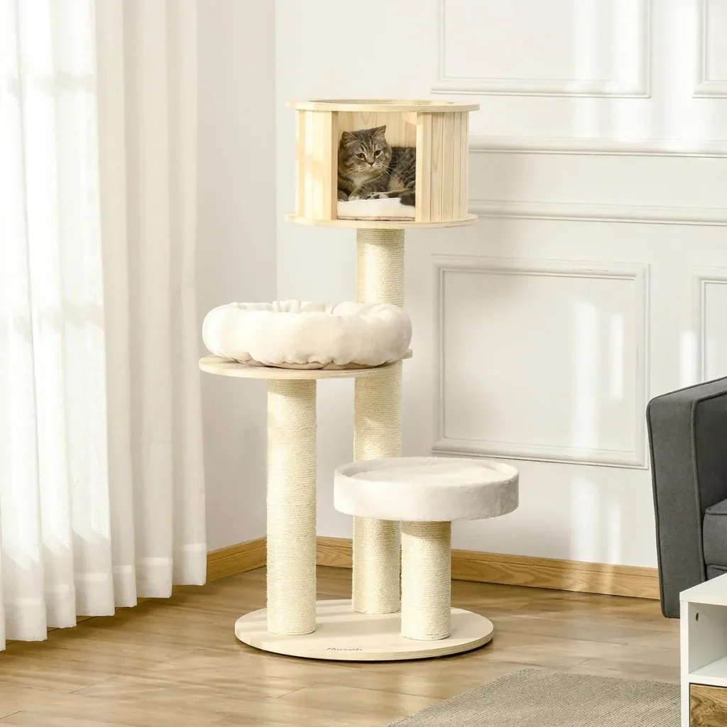 Three-level cat tree - house and cushion - 59.5 x 59.5 x 122 cm