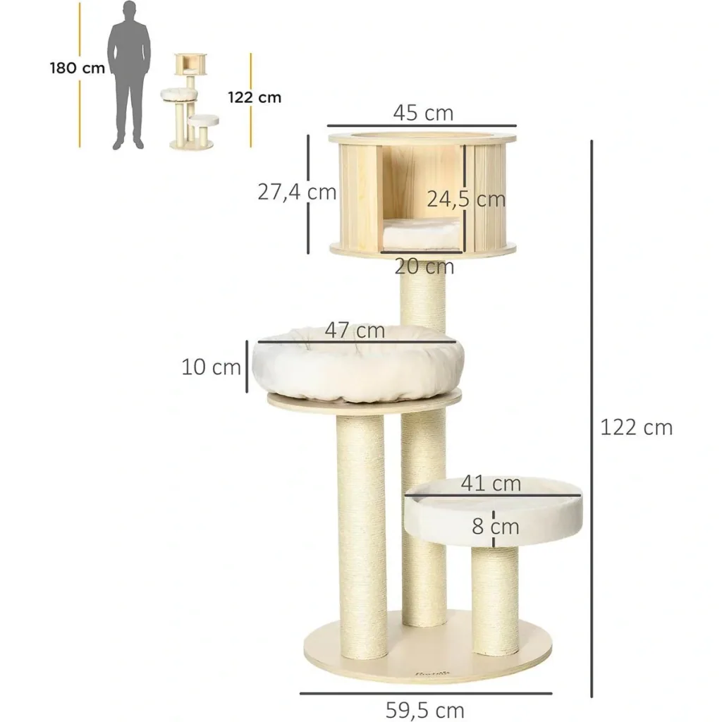 Three-level cat tree - house and cushion - 59.5 x 59.5 x 122 cm