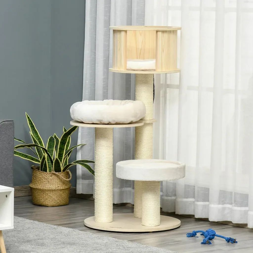 Three-level cat tree - house and cushion - 59.5 x 59.5 x 122 cm