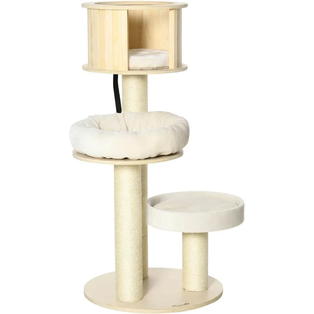 Three-level cat tree - house and cushion - 59.5 x 59.5 x 122 cm