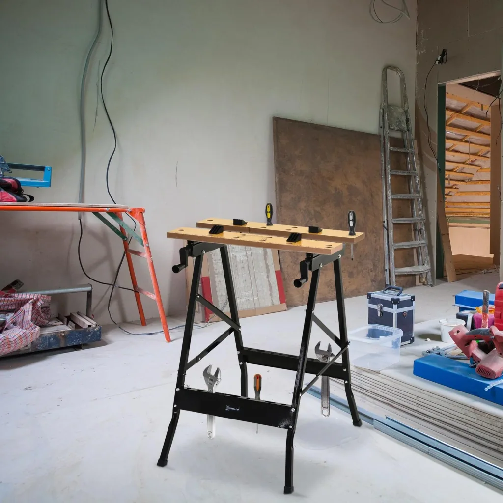 Adjustable workbench steel MDF natural, black