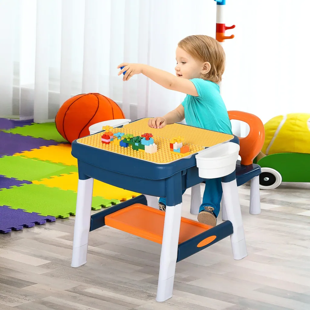 2-in-1 children's play table with keyboard and building blocks