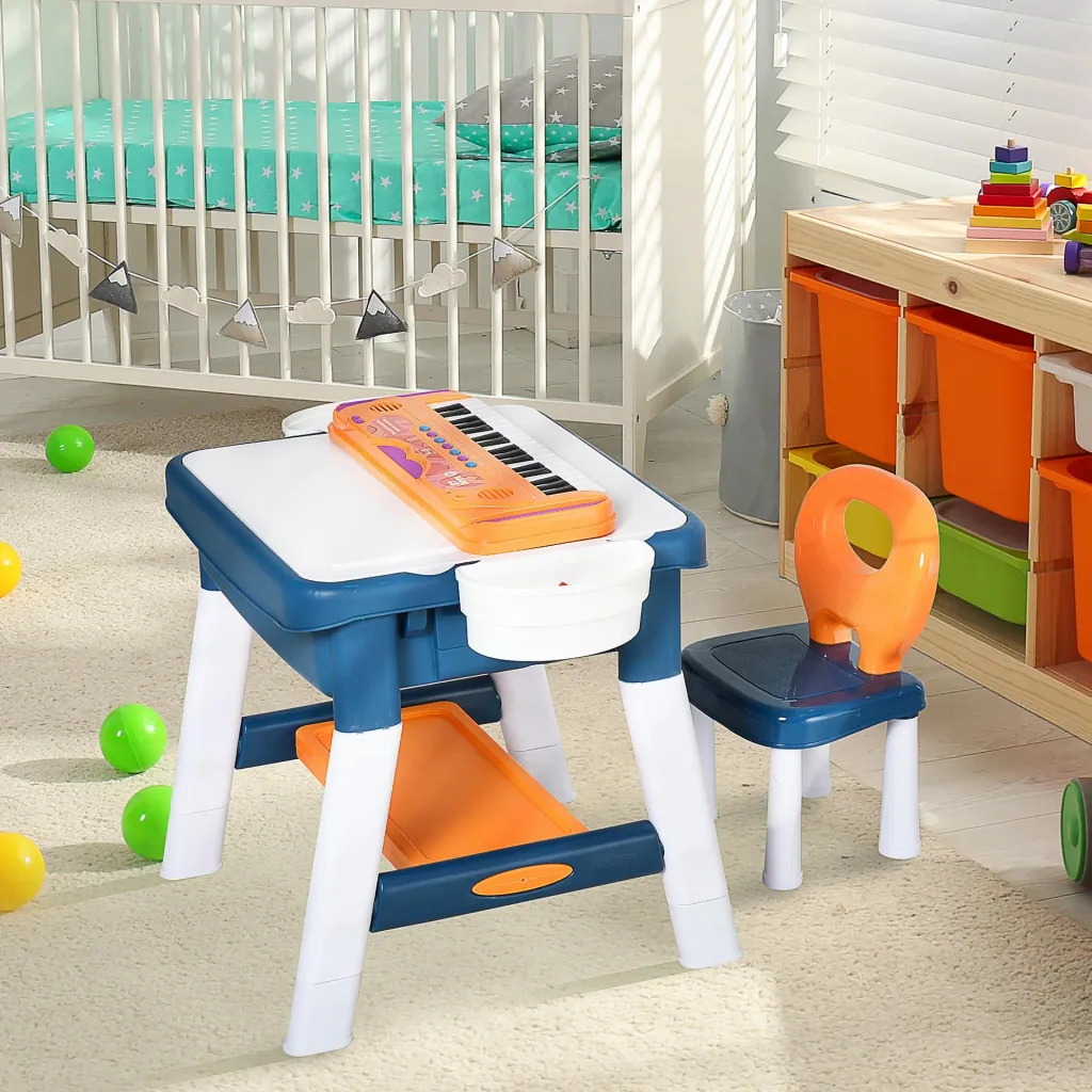 2-in-1 children's play table with keyboard and building blocks