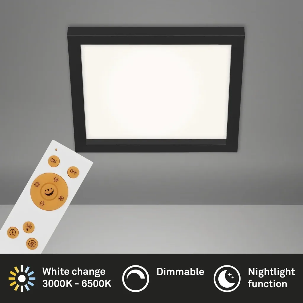 LED ceiling light, square, 29.5 cm, CCT, 18 watts, black