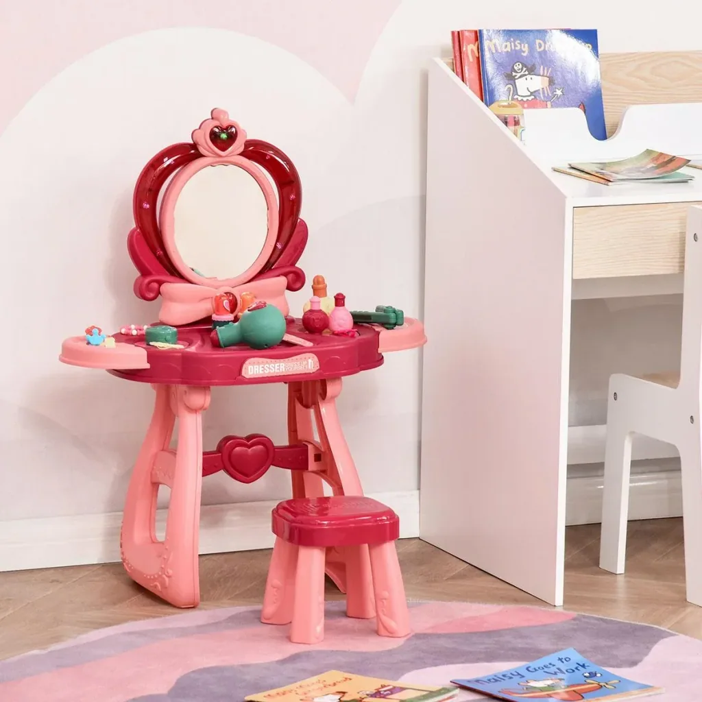 Children's make-up table with mirror, stool, dressing table with extensive accessories, 5 musical pieces, light for girls from 3 years