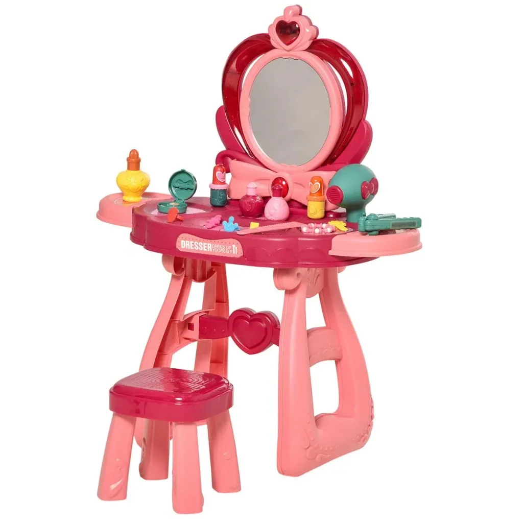 Children's make-up table with mirror, stool, dressing table with extensive accessories, 5 musical pieces, light for girls from 3 years
