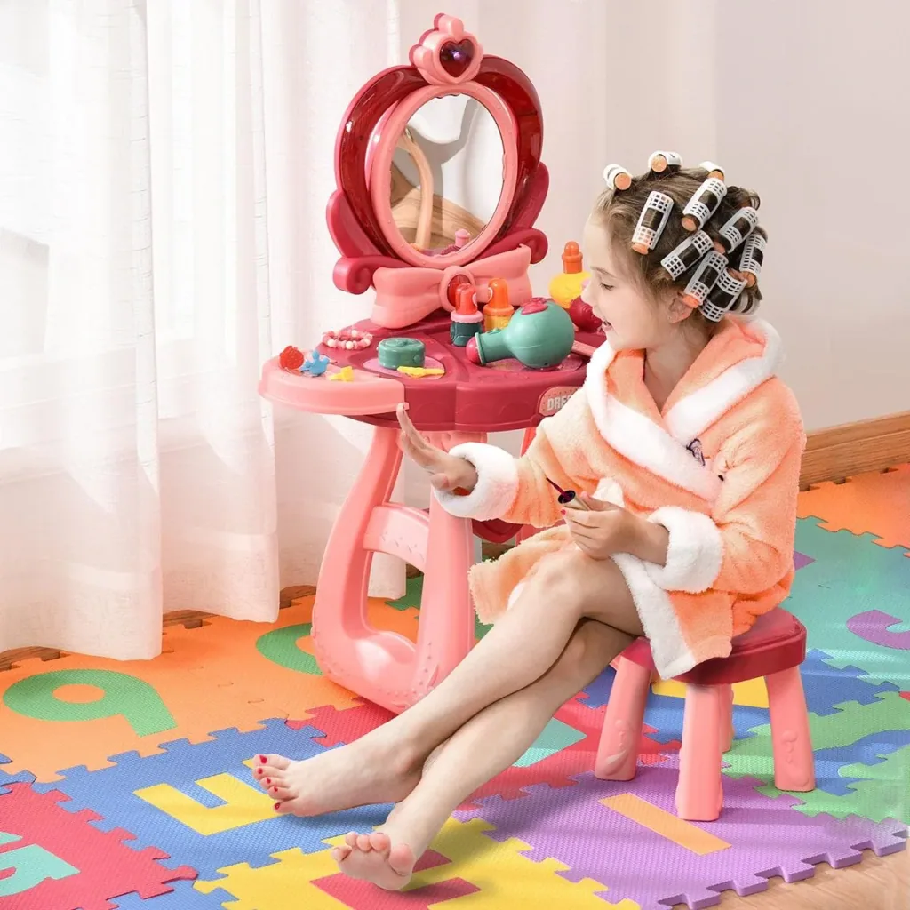 Children's make-up table with mirror, stool, dressing table with extensive accessories, 5 musical pieces, light for girls from 3 years