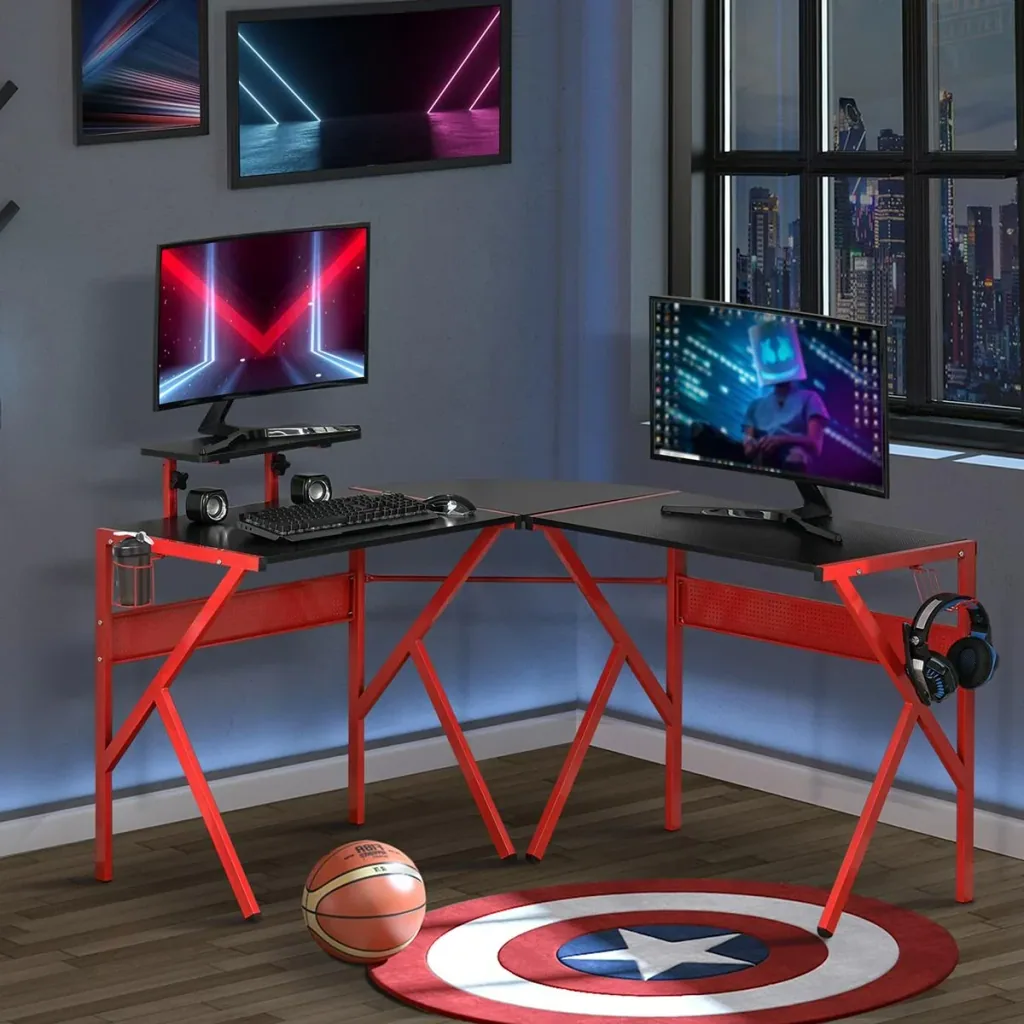 Computer desk with height-adjustable monitor shelf Desk with cup holder Headphone hook L-shaped office desk with