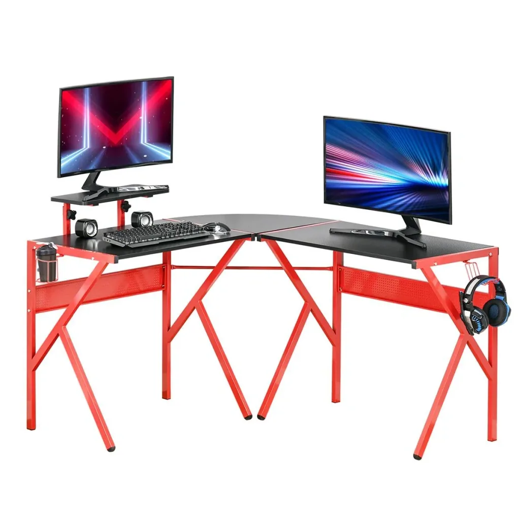 Computer desk with height-adjustable monitor shelf Desk with cup holder Headphone hook L-shaped office desk with