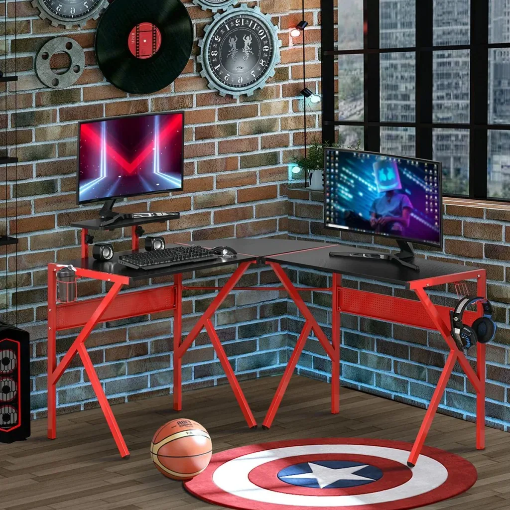 Computer desk with height-adjustable monitor shelf Desk with cup holder Headphone hook L-shaped office desk with