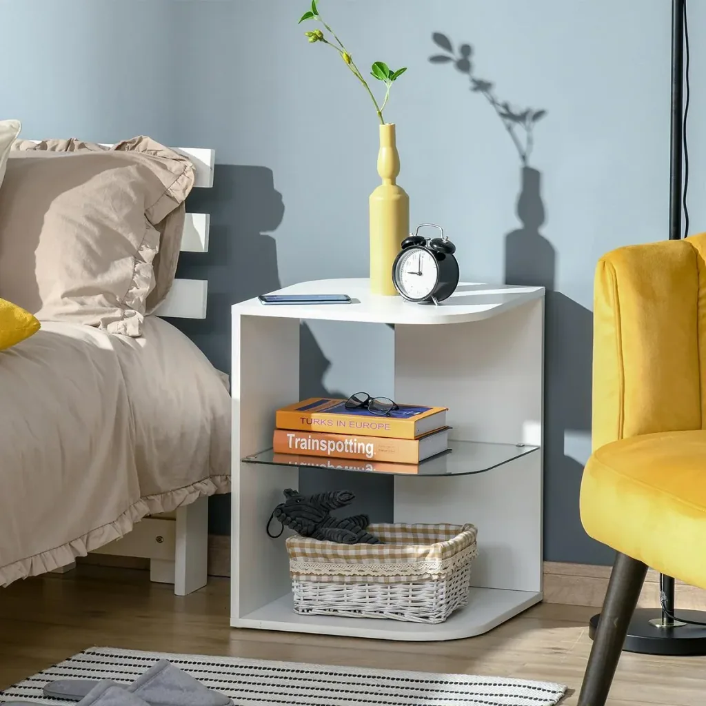 Side table 3-layer modern bedside table with 2 storage compartments suitable for living room bedroom material made of chipboard
