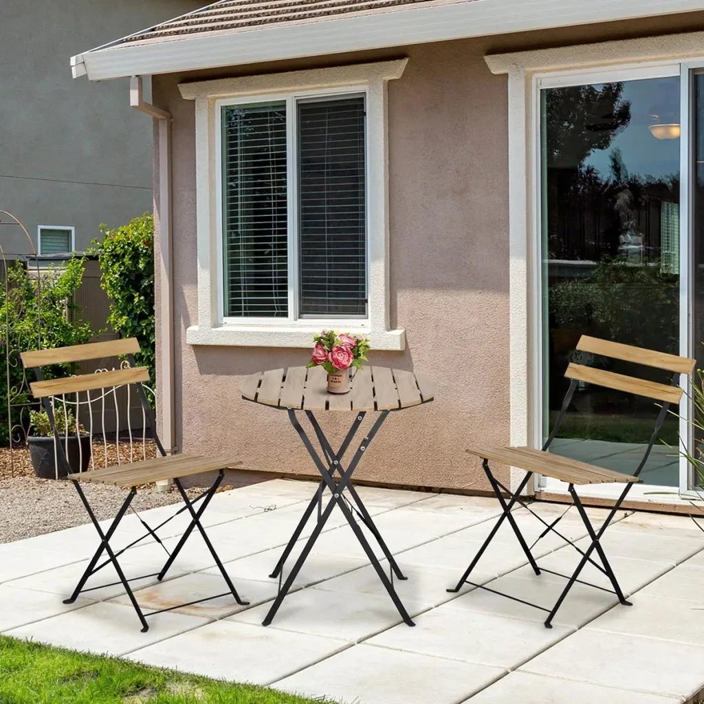 3-piece bistro set, foldable, solid wood + steel frame, natural color