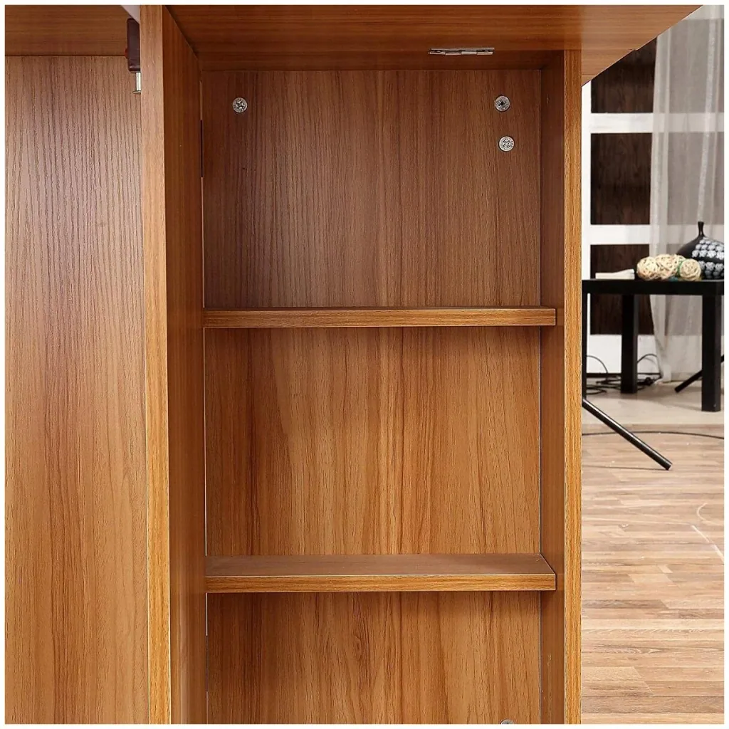 Folding table desk side table storage area with wheels teak wood