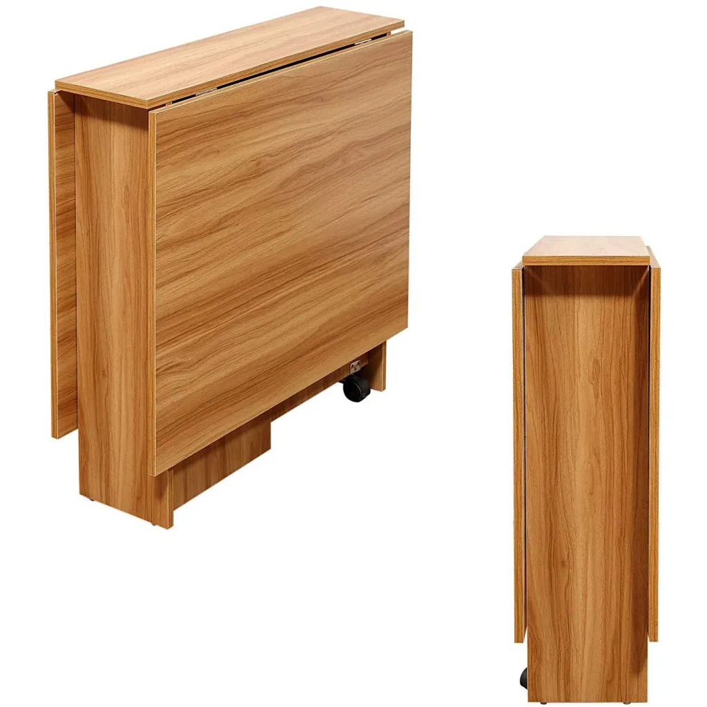 Folding table desk side table storage area with wheels teak wood