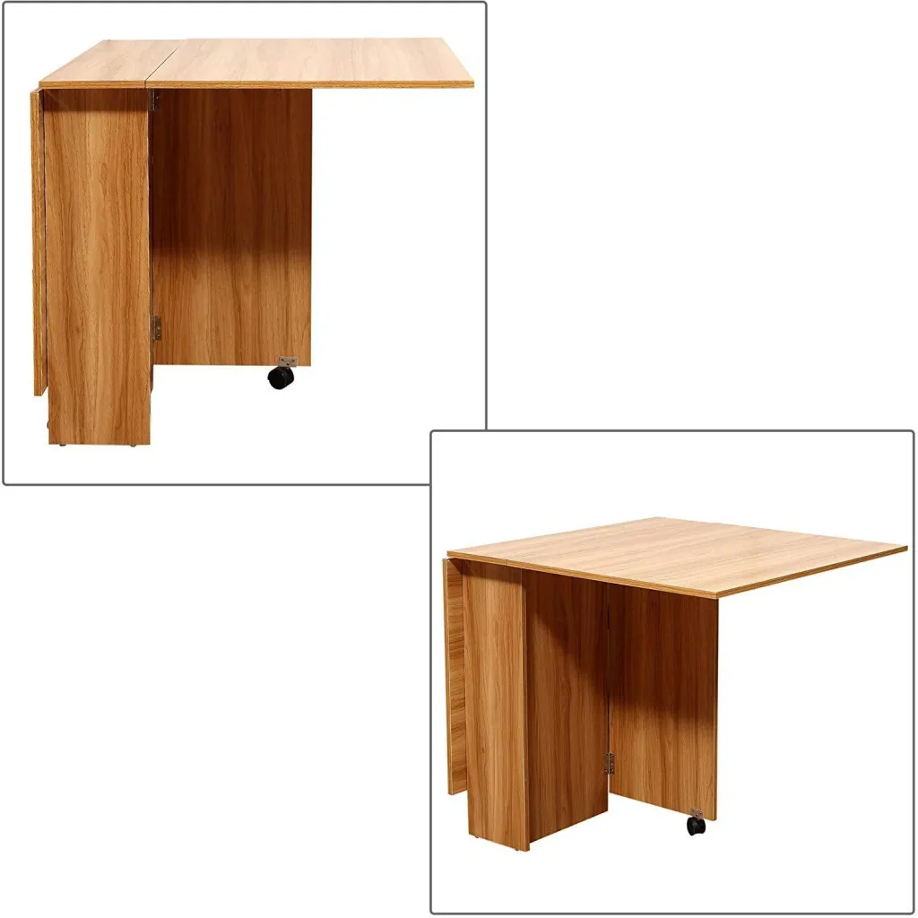 Folding table desk side table storage area with wheels teak wood