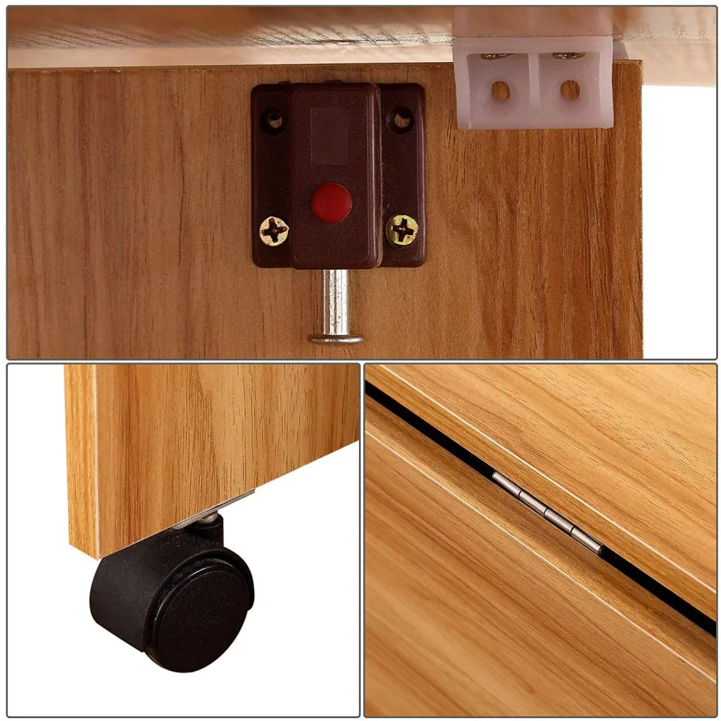 Folding table desk side table storage area with wheels teak wood