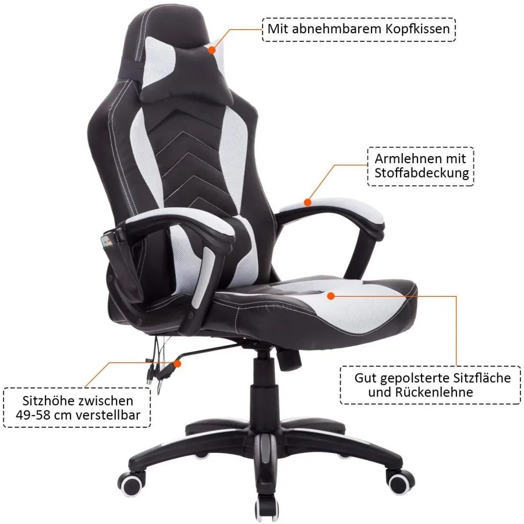 Office chair gaming chair with massage and heat function black and white