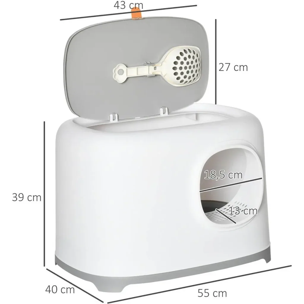 Designer cat litter box with lid - mesh bottom - white - 55 x 40 x 39 cm