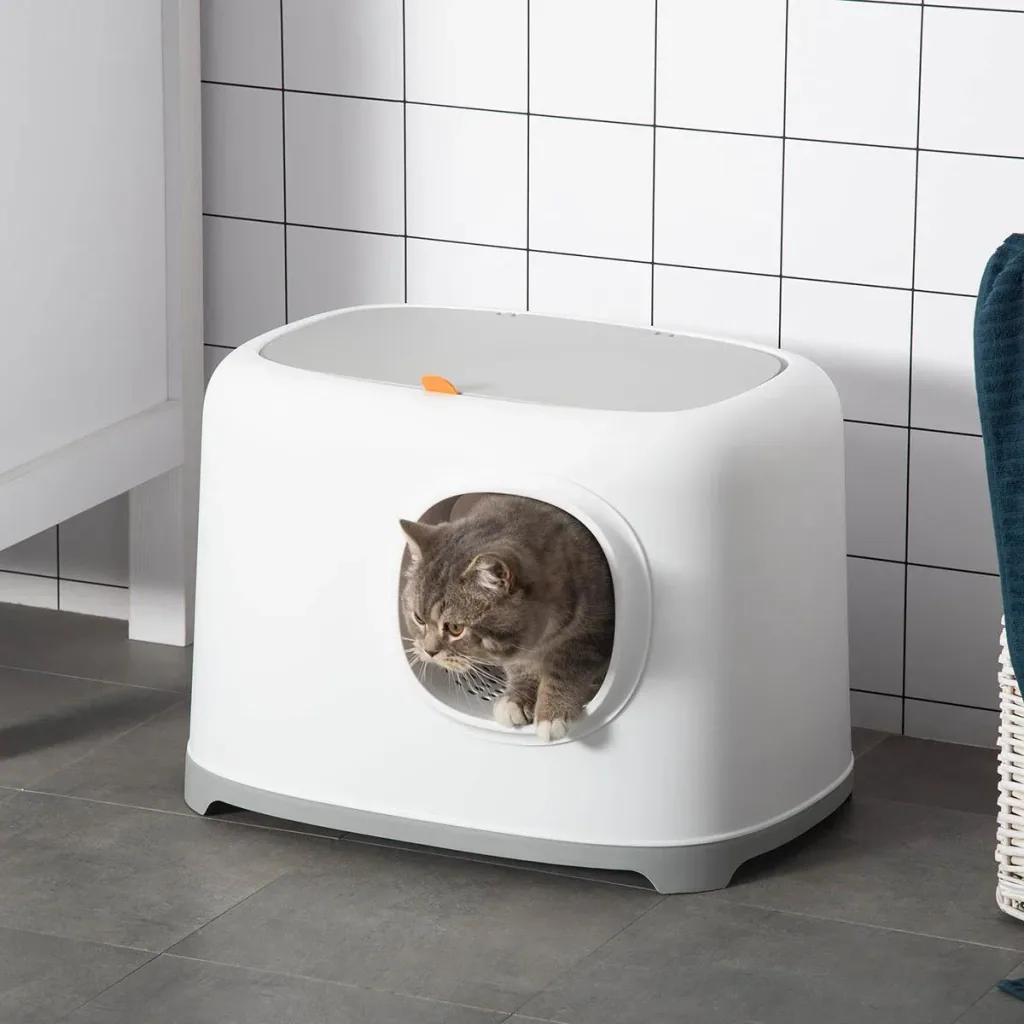 Designer cat litter box with lid - mesh bottom - white - 55 x 40 x 39 cm
