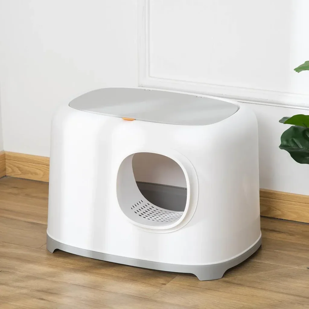 Designer cat litter box with lid - mesh bottom - white - 55 x 40 x 39 cm