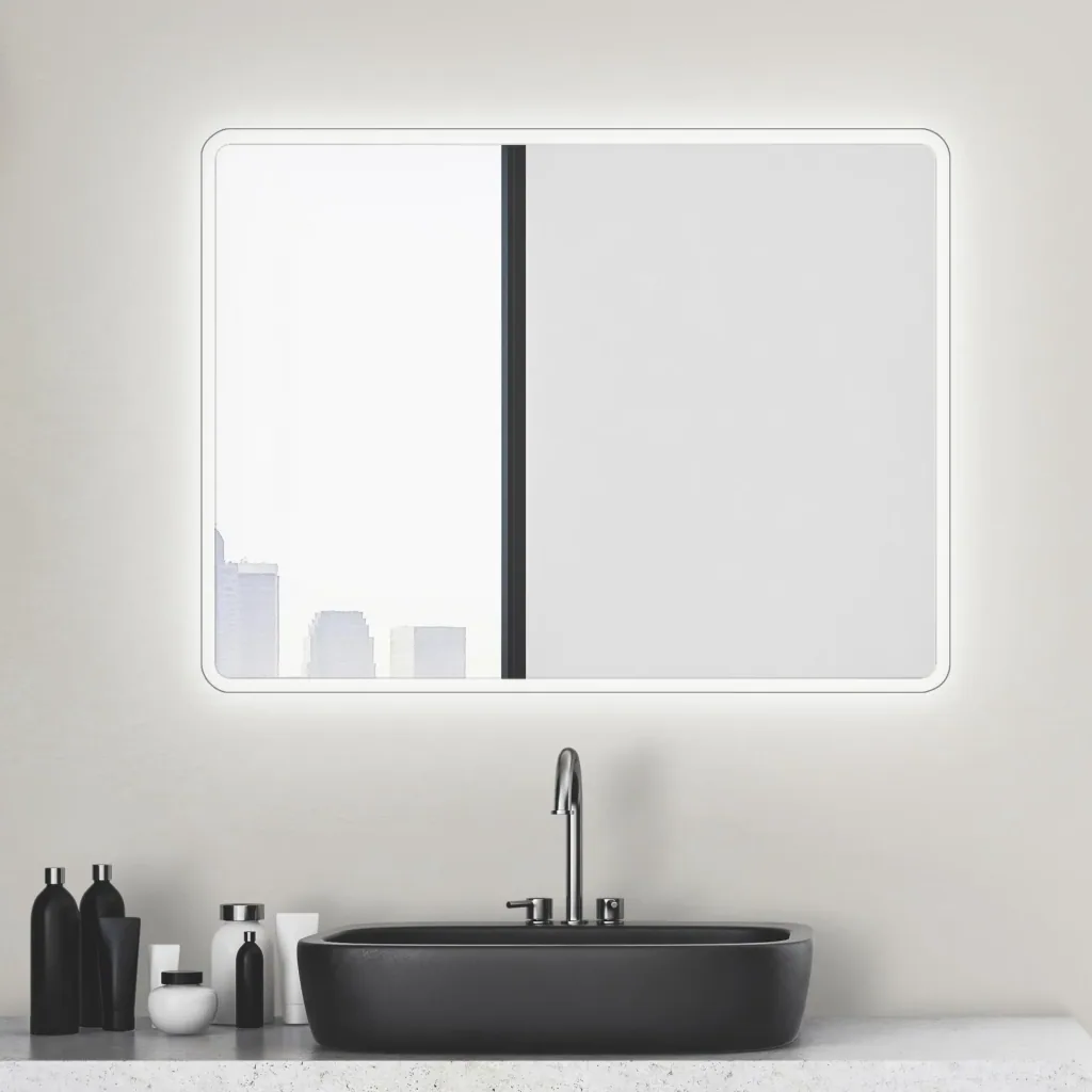 Bathroom mirror with lighting, "Moon" - 80 x 60 cm - with surrounding ambient light - light color neutral white