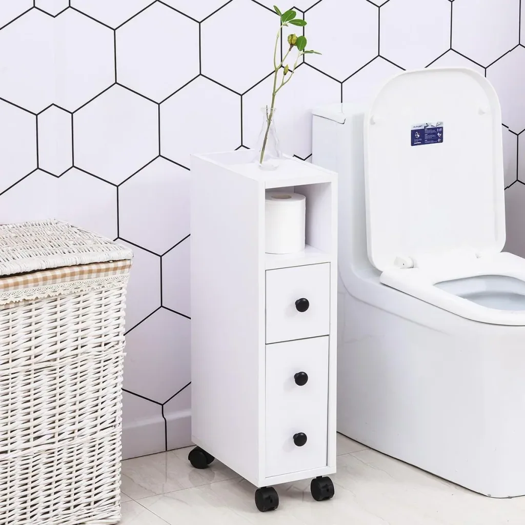 Bathroom cabinet bathroom cabinet bathroom shelf chest of drawers standing cabinet two drawers open compartment four wheels chipboard white 18x3
