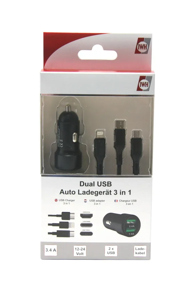 USB-Auto Ladegerät, Dual - 3in1 - 12/24 Volt - 1.5A + 3.4A