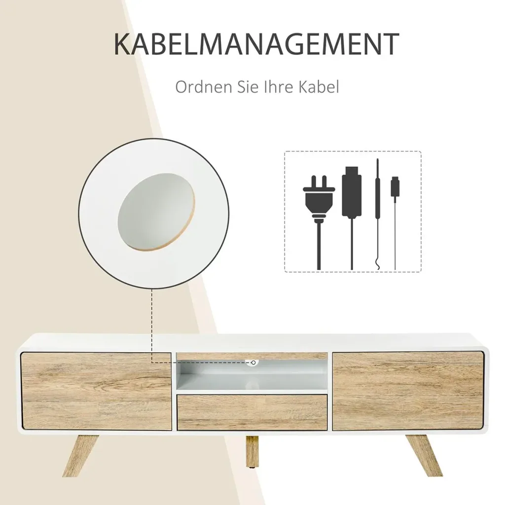 TV cabinet TV lowboard chest of drawers for TVs smaller than 60'' with push-in design drawer living room MDF white + natural 160