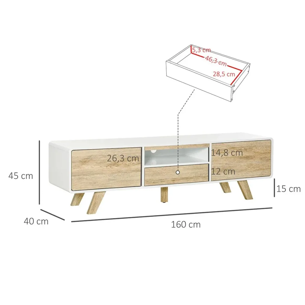 TV cabinet TV lowboard chest of drawers for TVs smaller than 60'' with push-in design drawer living room MDF white + natural 160